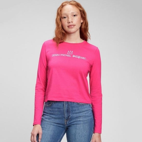 NWT Gap Jean-Michel Basquiat Graphic Long Sleeve Shrunken Tee Pink size Small - Picture 1 of 8